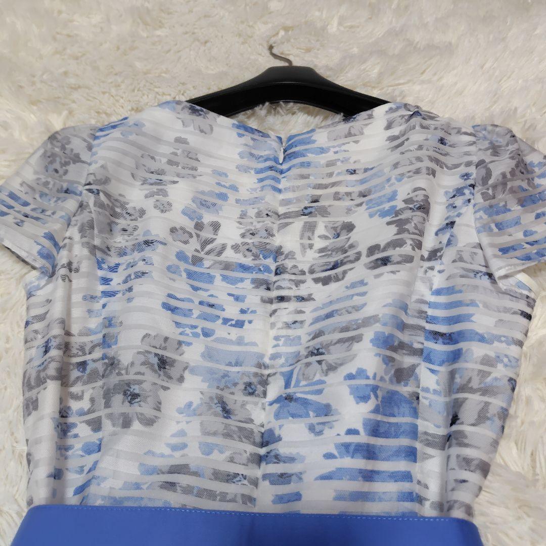 【美品♡人気デザイン】エムズグレイシー　シアーフラワーリボンフレアワンピース　青