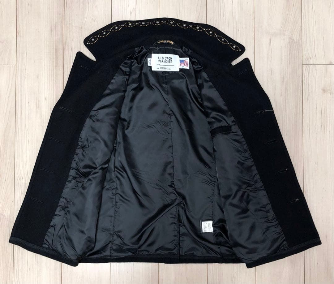 34 新品 Schott x HTC 753US Pコート スタッズ タイト 黒