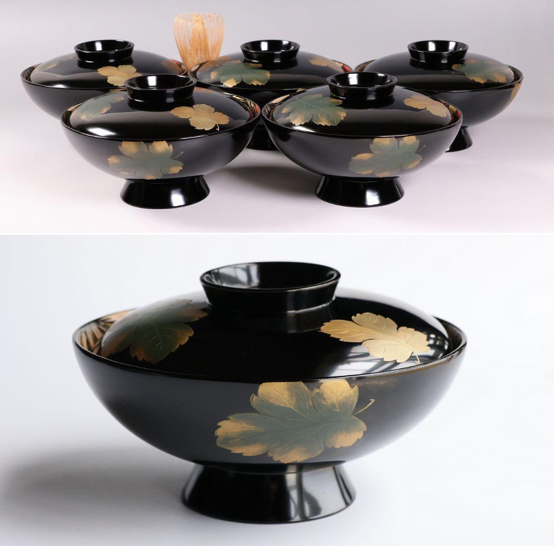 【CM366】輪島塗 塩徳屋漆器店 沈金 菊尽 煮物椀 五客 木製漆器 黒塗