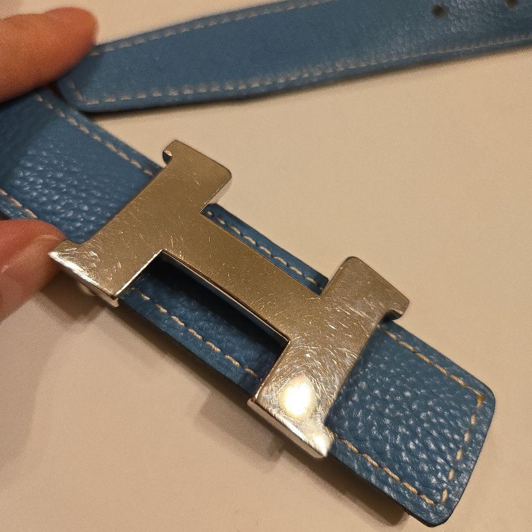 HERMES　青レザー H型バックル ベルト