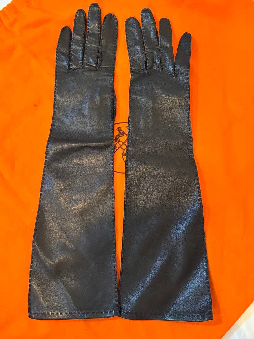 未使用美品エルメスラムスキンレザー ロンググローブ ブラック