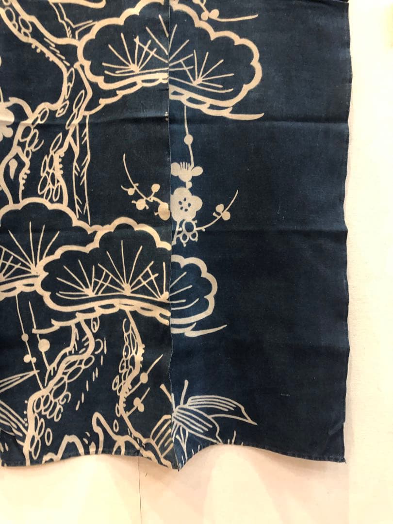 藍染筒描き三巾加賀のれん時代物木綿古布　ソ-360