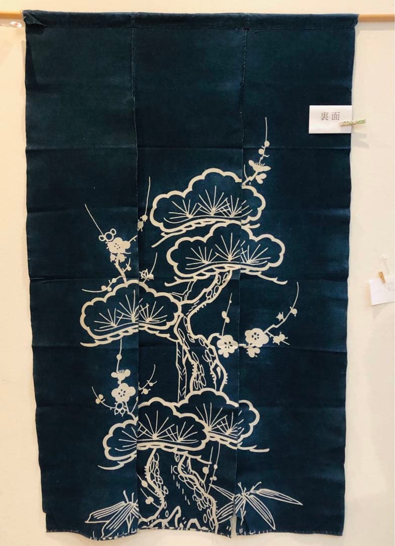 藍染筒描き三巾加賀のれん時代物木綿古布　ソ-360