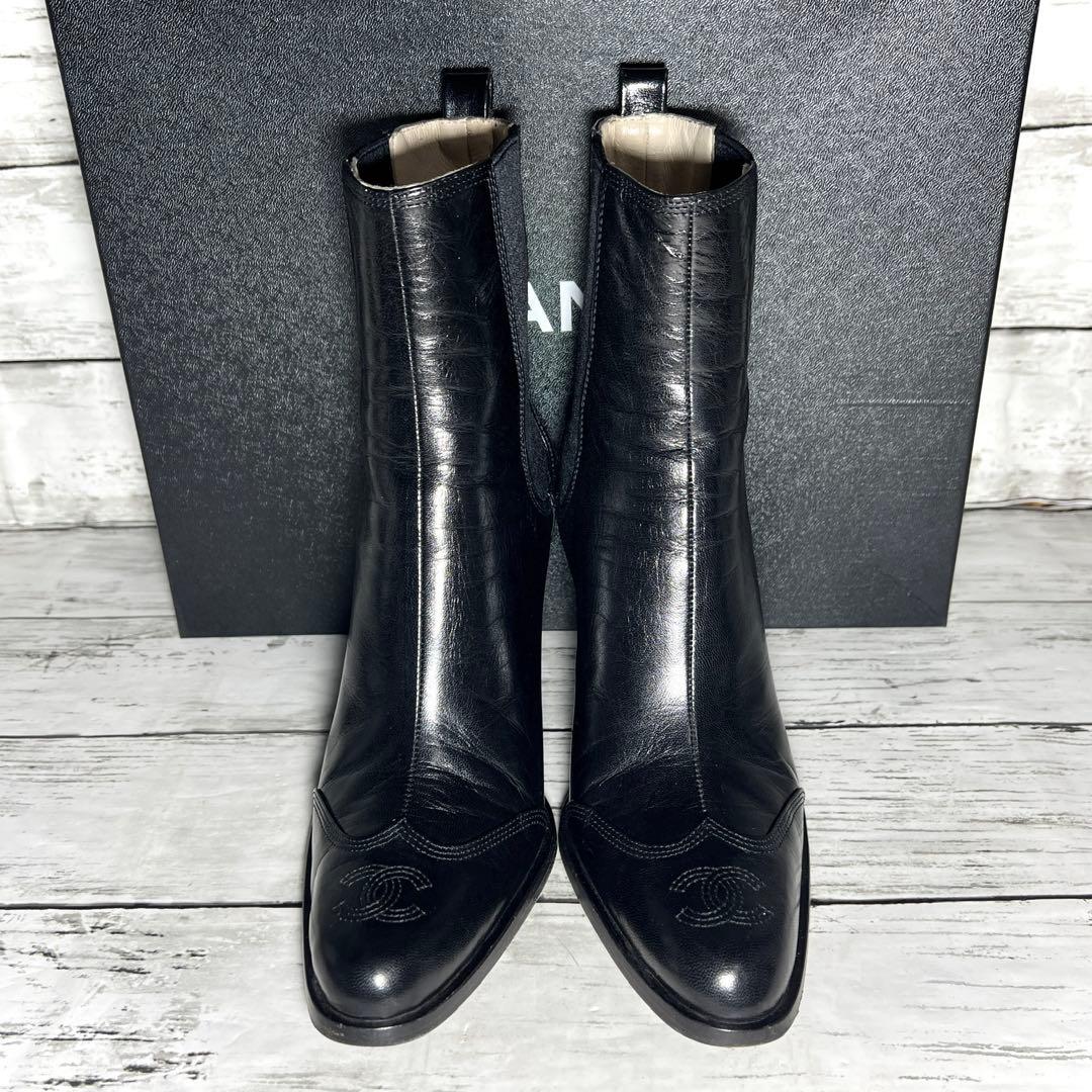 箱付きCHANELシャネル サイドゴアショートブーツ36ココマーク黒ブラック23