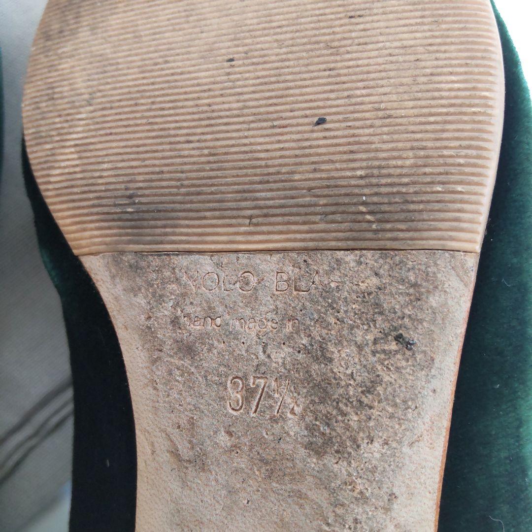 美品 マノロブラニク ハンギシ ベロア グリーン フラット パンプス ビジュー