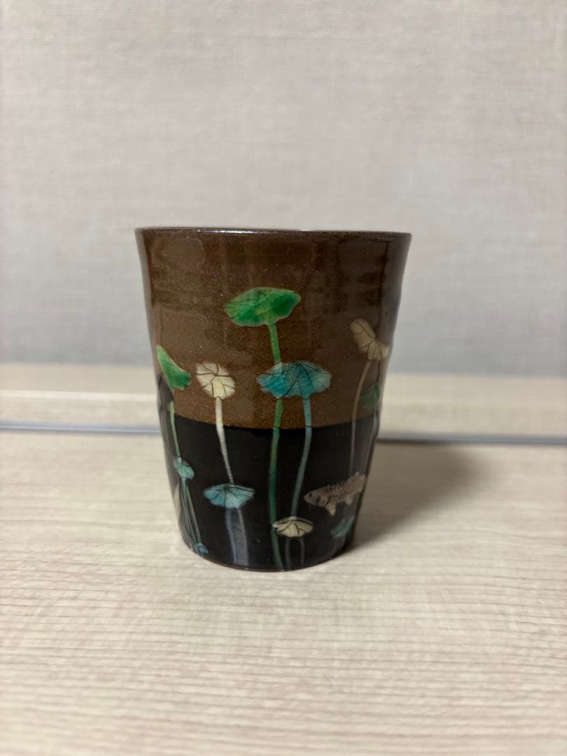 未使用_フジタチサト（スナフジタ）湯呑み 鯉 カモ ハス サイン有 新品 希少