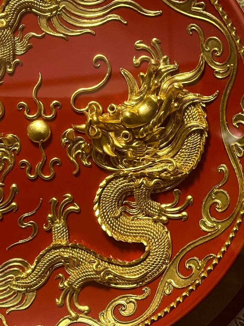 置物　二竜戱珠　金色　黄金　稀少品　黄金成色検测証書付