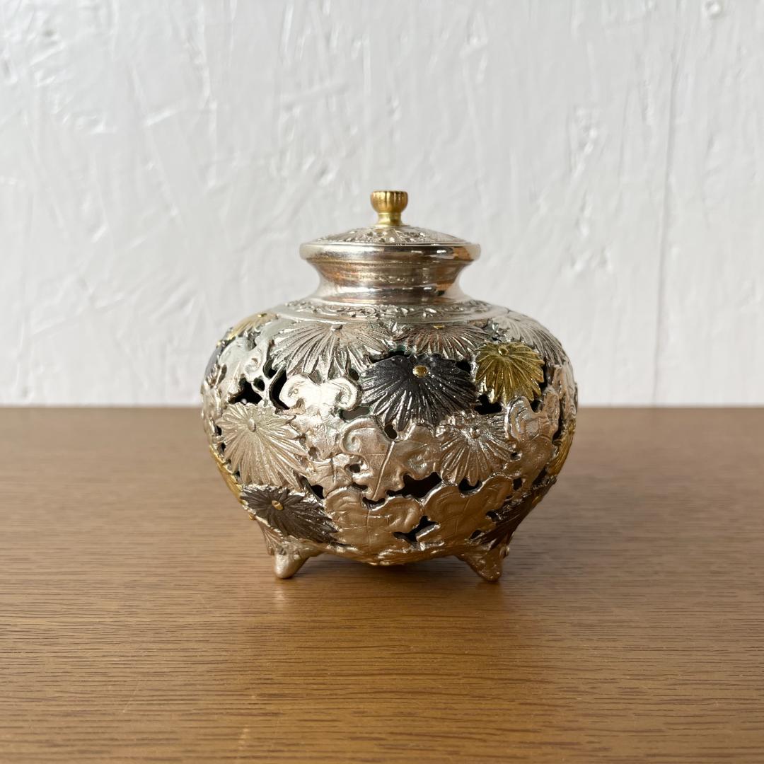 市橋敏雄 金銀彩 菊透かし文 華香炉 茶道具 共箱 未使用品