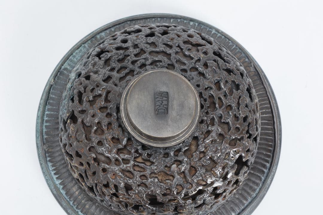 中国 古玩 薄端 波 銅 花器 生花 華道具 水盤 鉢 水鉢 古美術品 骨董品