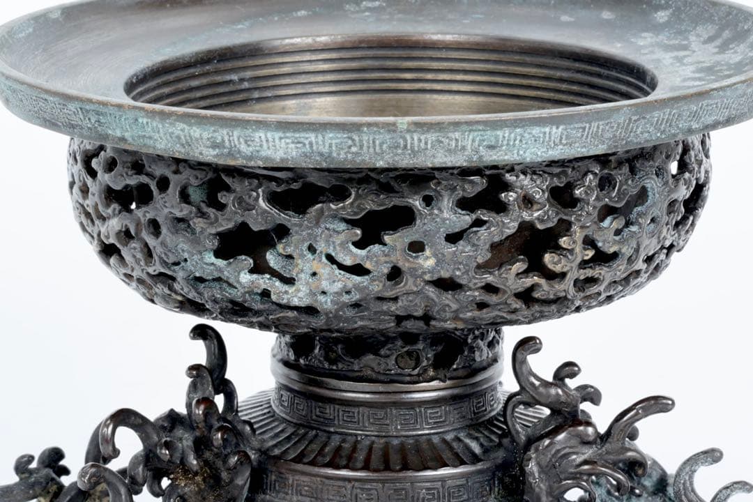 中国 古玩 薄端 波 銅 花器 生花 華道具 水盤 鉢 水鉢 古美術品 骨董品