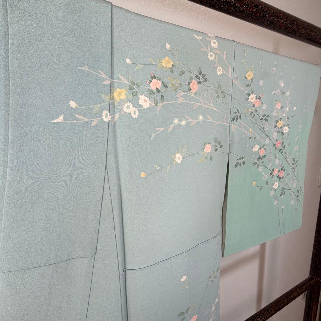 超美品　正絹　訪問着　着物　160　水色　作家物　峰山和生　手書き友禅　紋無し