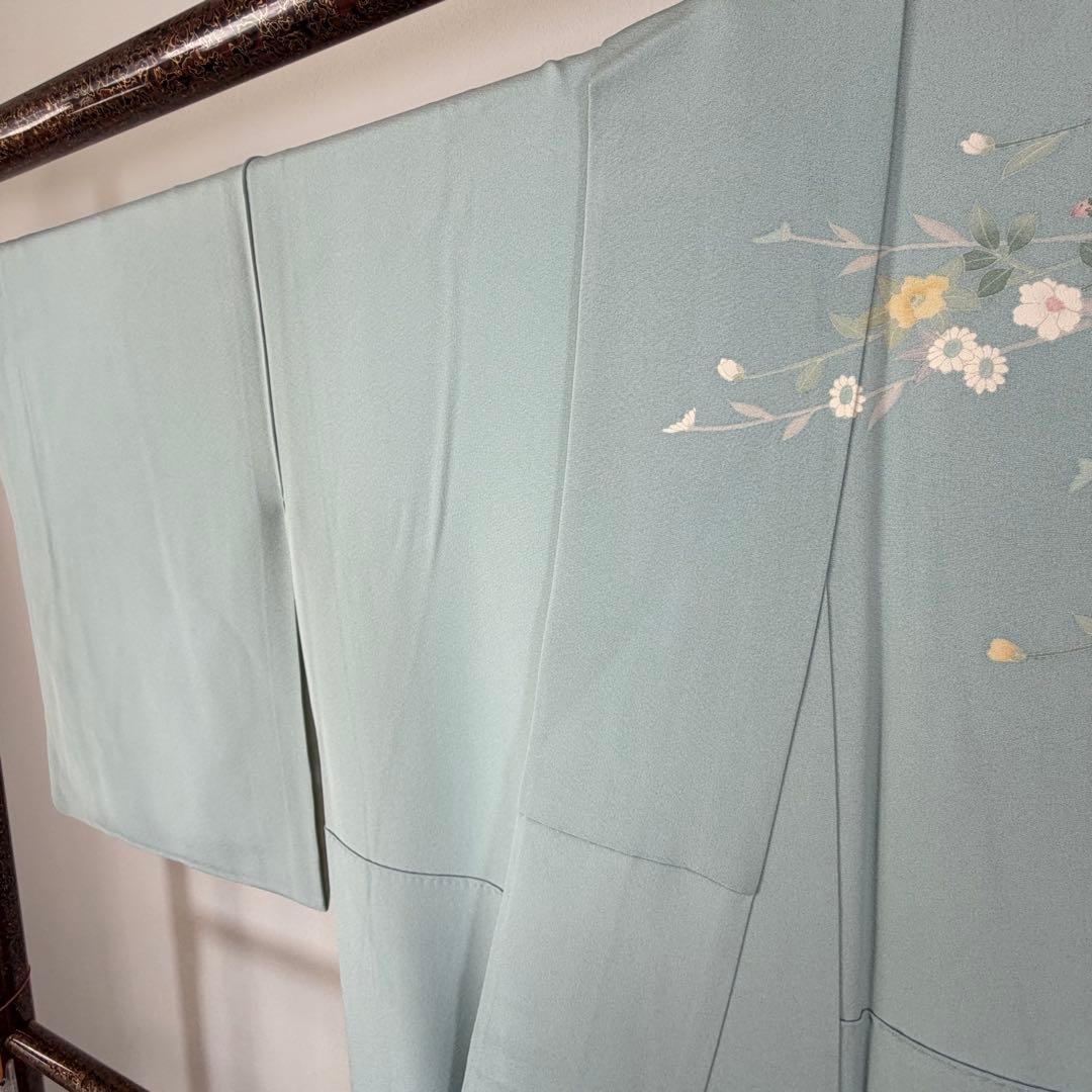 超美品　正絹　訪問着　着物　160　水色　作家物　峰山和生　手書き友禅　紋無し