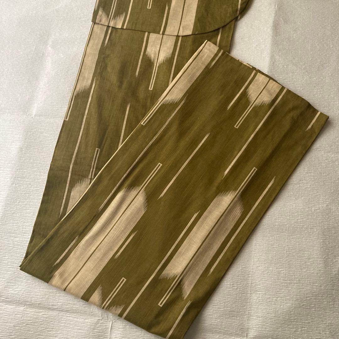 撫松庵　そしてゆめ　鶯色と生成りの矢羽浴衣　未使用　日本製　美品　ゆったりサイズ