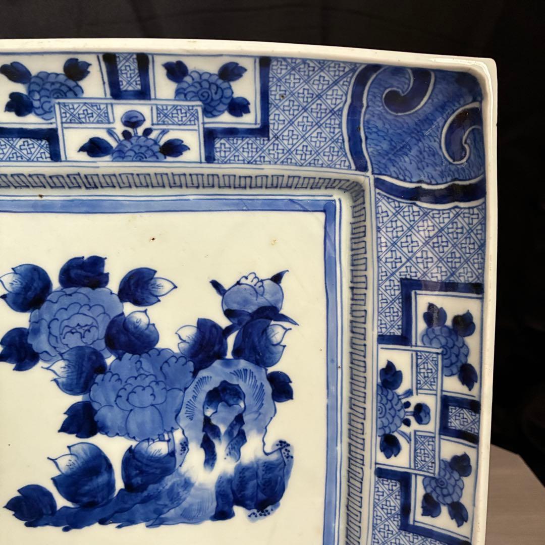 時代物 染付 牡丹文 角大皿 飾り皿 盛皿 骨董