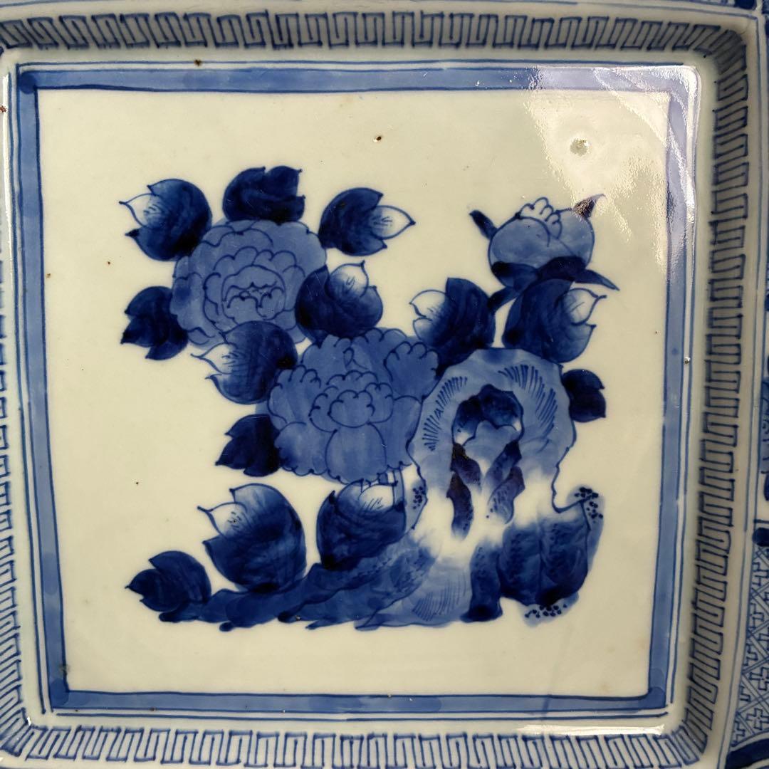 時代物 染付 牡丹文 角大皿 飾り皿 盛皿 骨董