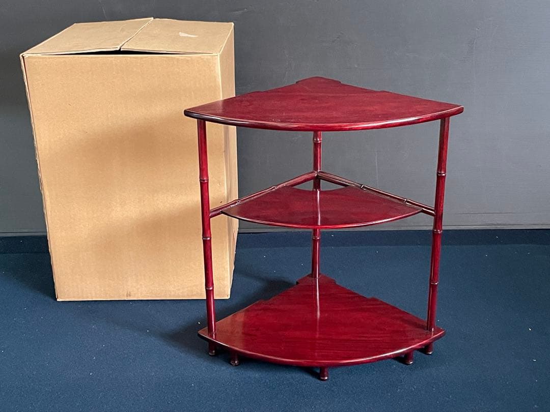 【美品】「祖」 唐木 扇面 竹節 三重棚 煎茶飾り棚 茶棚 紙箱 (27あ①)