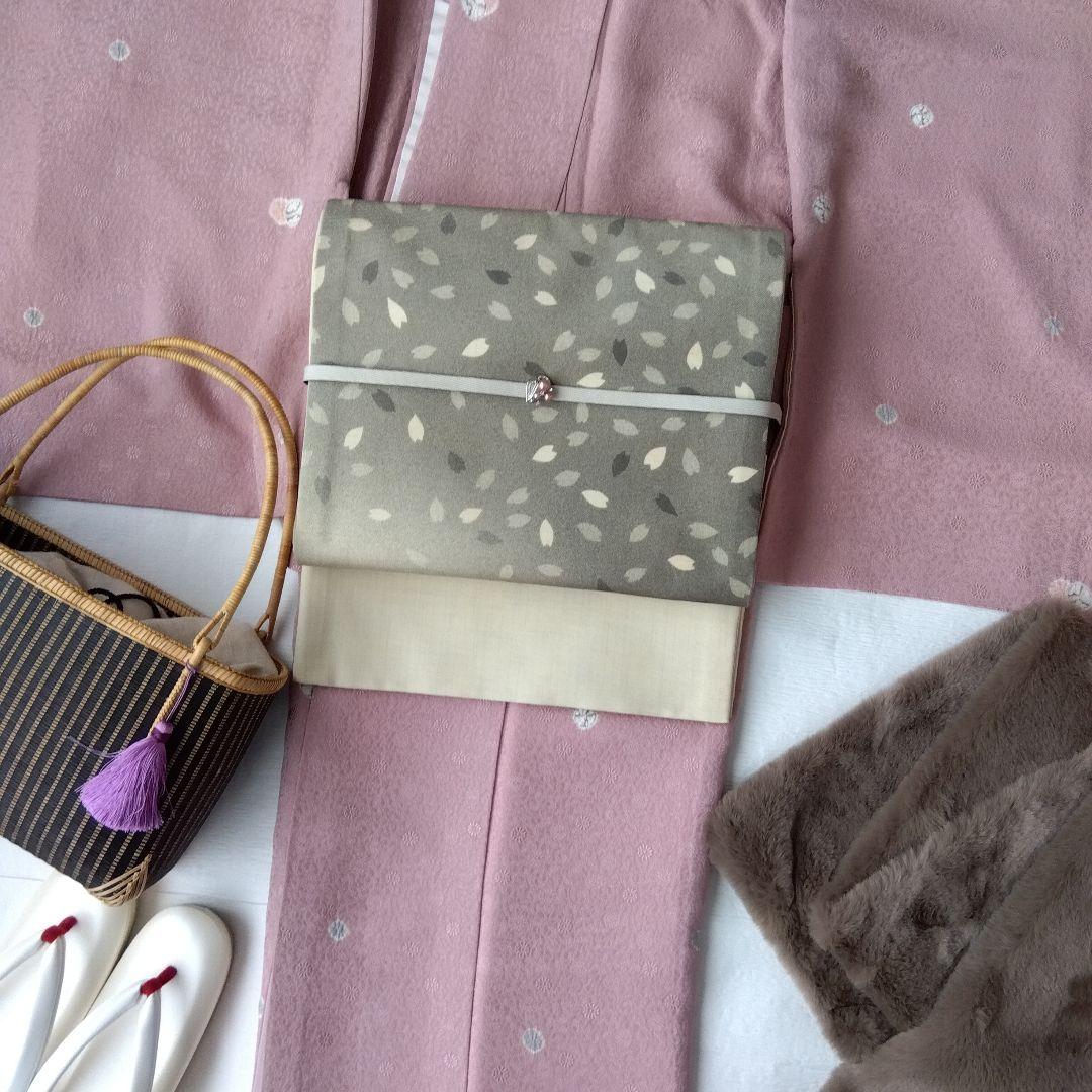 ◆未使用美品◆袋帯 花吹雪 グレーベージュ 紬正絹 小紋 付下げ お花見 観劇