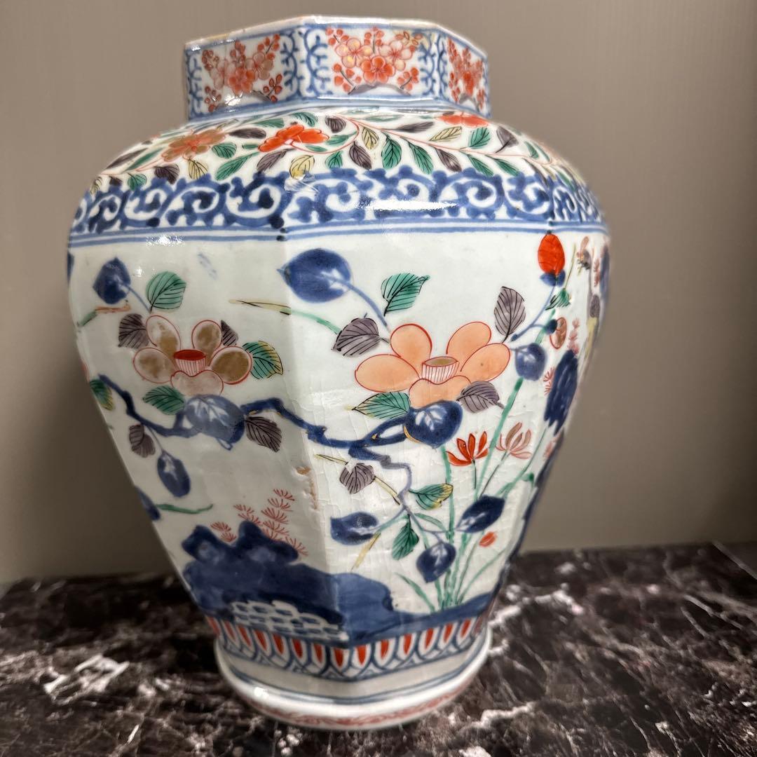 江戸中期、寛政。古伊万里、色絵、面取り大壺、慈照庵、永竹、極。　共箱桐、四方箋。