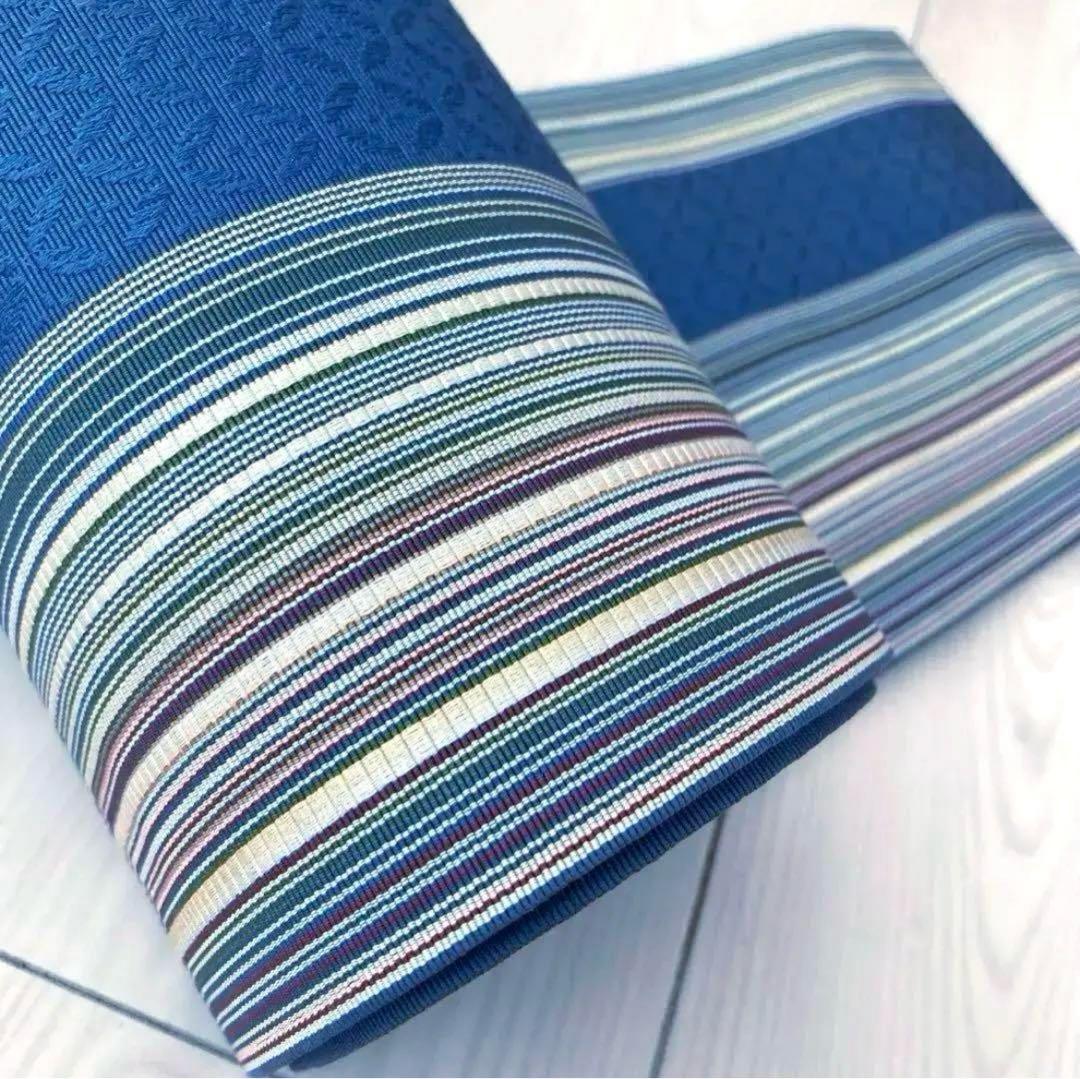 博多織　半幅帯　ブルーグレー　縞模様