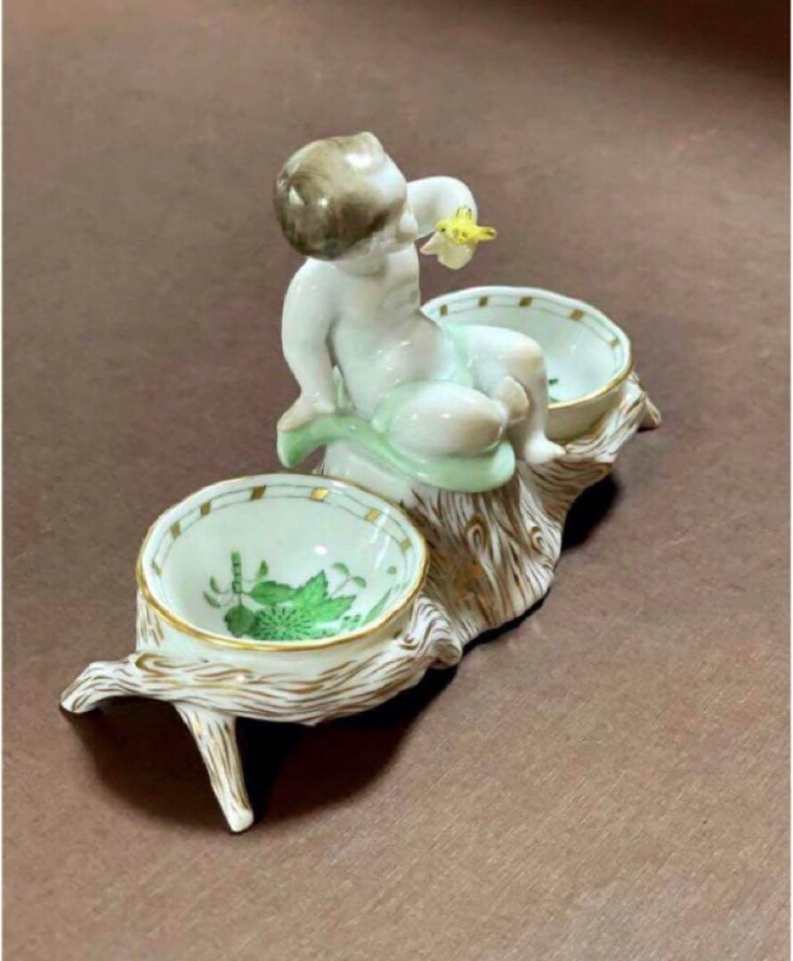 HEREND ヘレンドアポニーグリーンエンジェルセラーソルト＆ペッパー天使皿レア