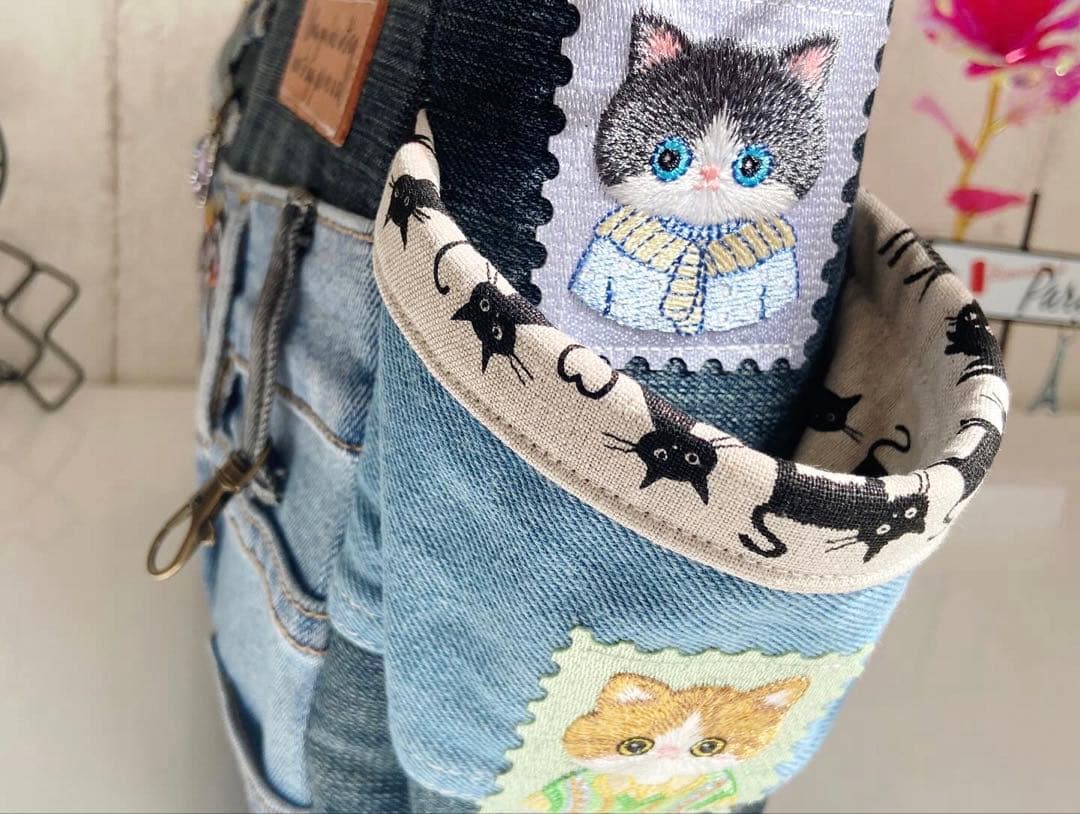 デニムリメイクバックS パールデニム×猫