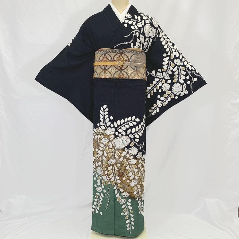 602mh1☆訪問着 辻が花絞り染 金彩 ラメ箔 地紋 黒☆状態良好