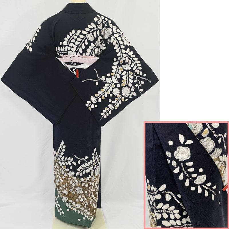 602mh1☆訪問着 辻が花絞り染 金彩 ラメ箔 地紋 黒☆状態良好