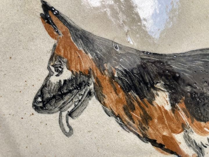 小石原焼　太田熊雄窯　太田孝宏作　黒柴犬　犬　飾り皿　一点