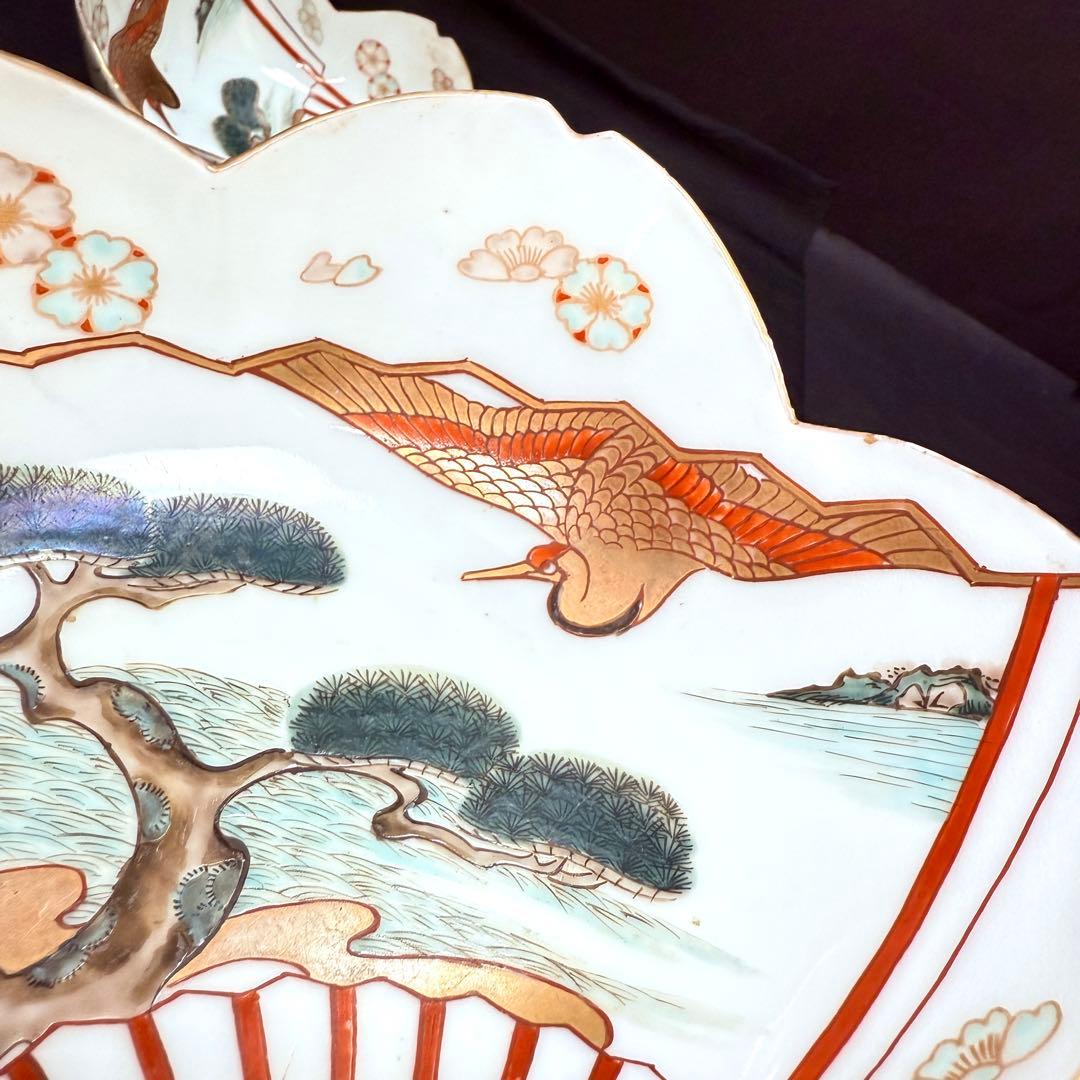 有田焼　古伊万里　松鶴山水絵花形　手描き　皿　3客　セット　江戸中期