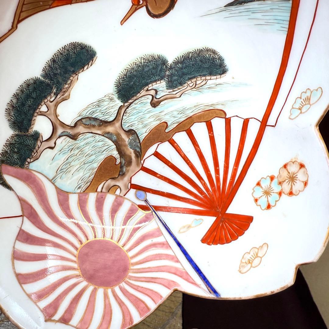 有田焼　古伊万里　松鶴山水絵花形　手描き　皿　3客　セット　江戸中期