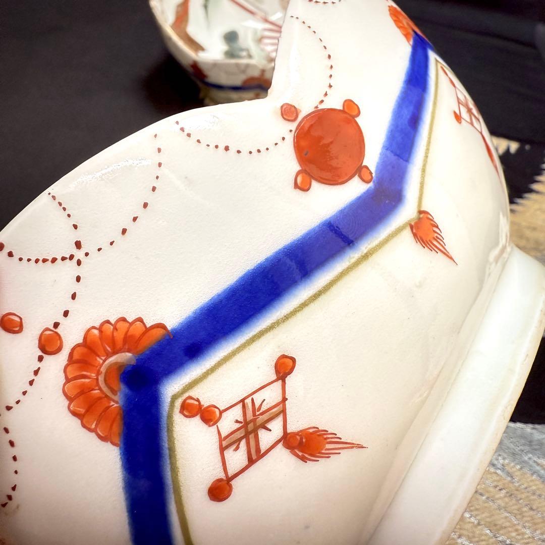 有田焼　古伊万里　松鶴山水絵花形　手描き　皿　3客　セット　江戸中期