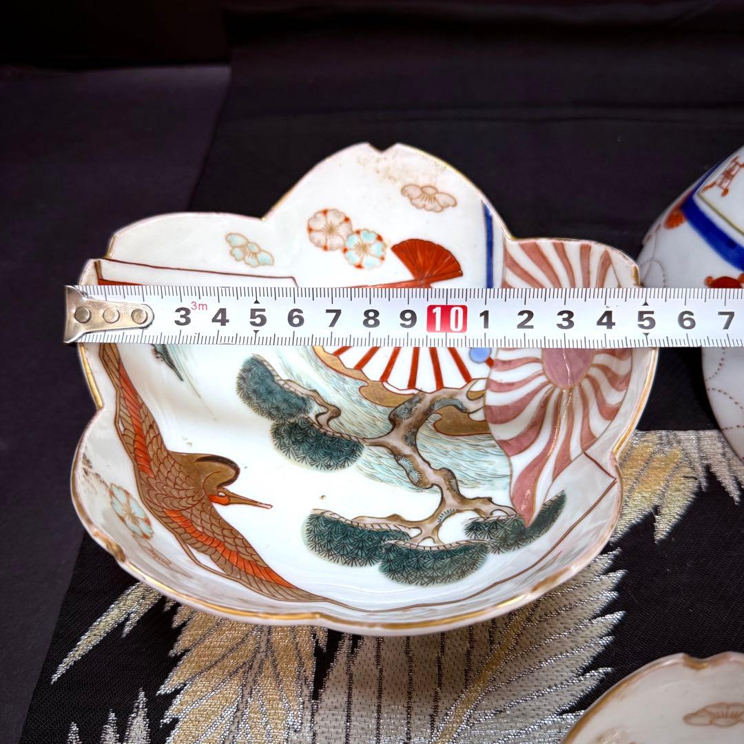 有田焼　古伊万里　松鶴山水絵花形　手描き　皿　3客　セット　江戸中期