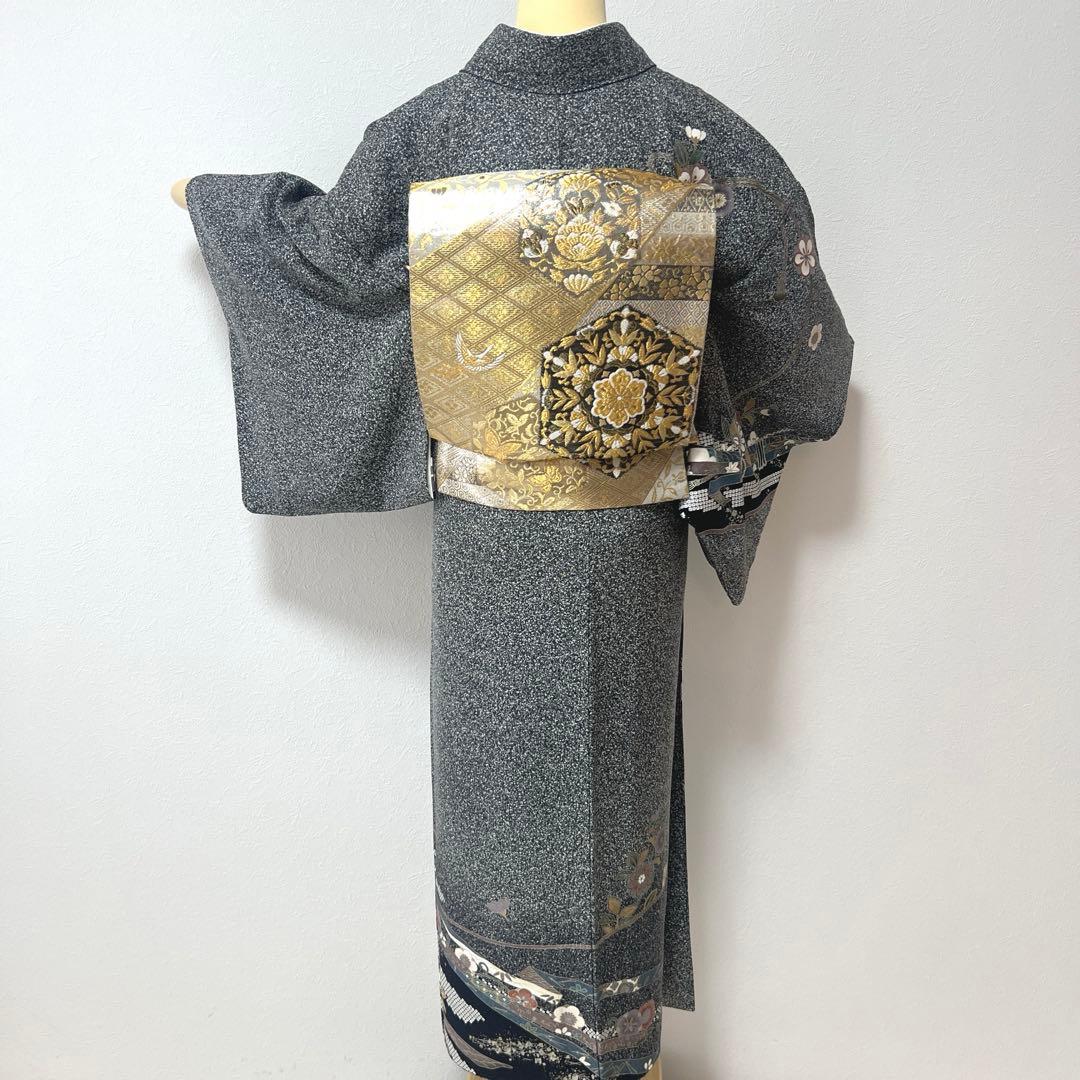 408 訪問着フルセット 正絹 濃紺 黒 金銀彩 たたき染め シック クール
