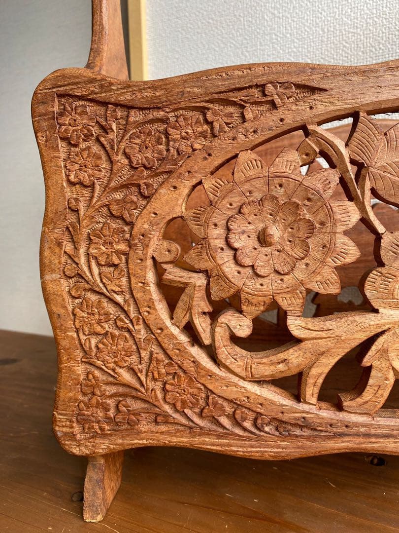 インド　アンティーク　木彫り　マガジンラック　天然木