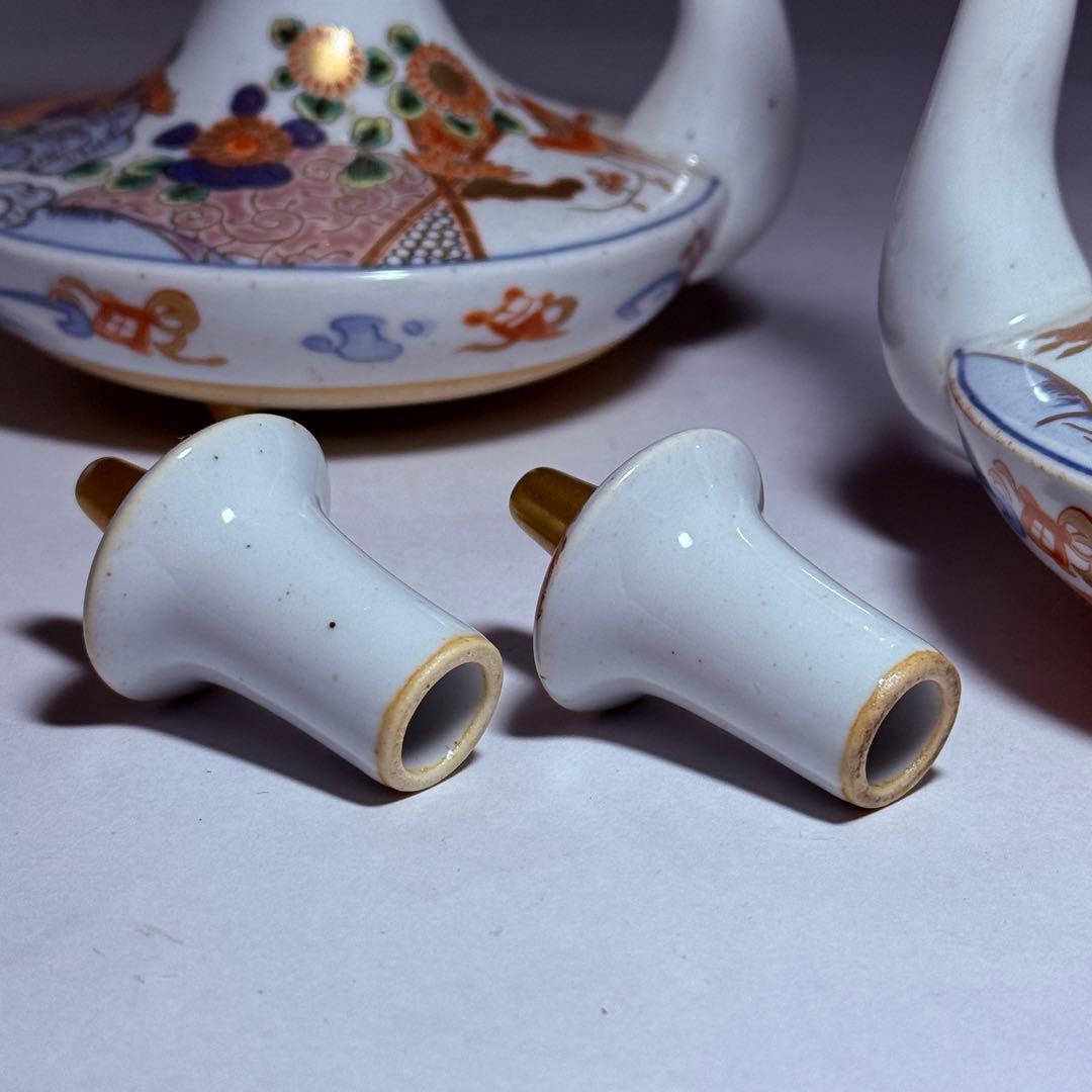 ◆伊万里 染錦金彩花鳥文銚子一対 酒器 上手品 明治時代◆