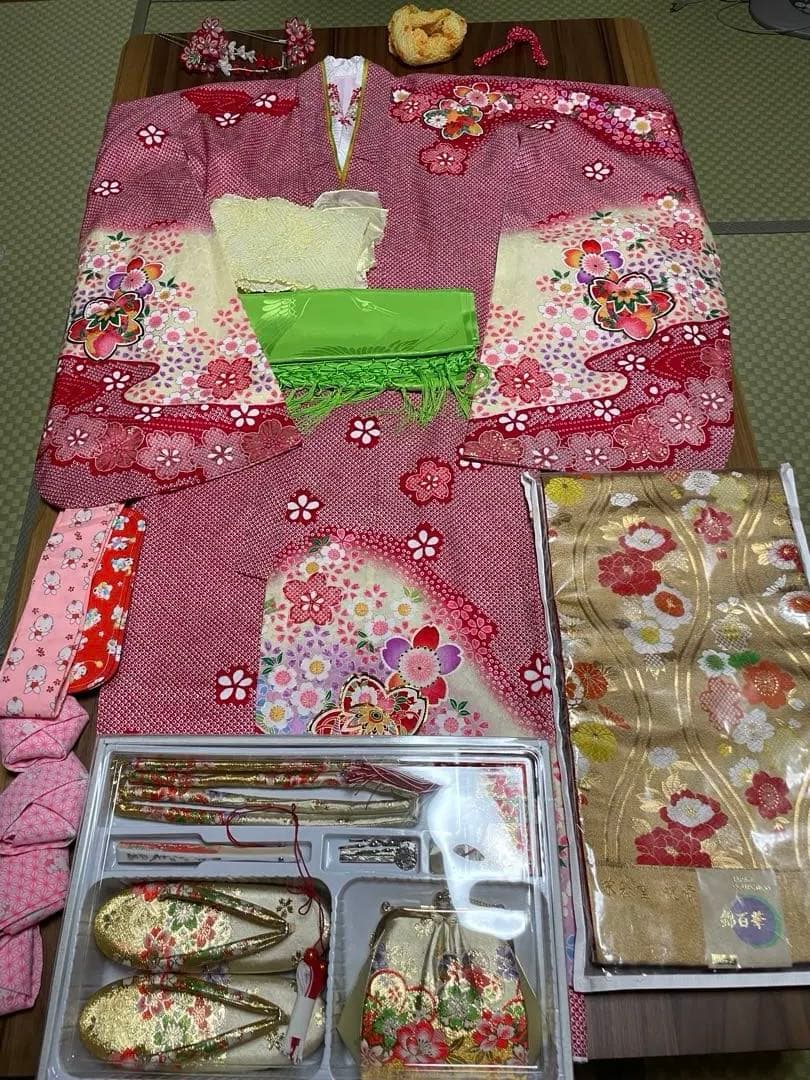 七五三 6歳　7歳　女の子着物　新品帯 正絹　フルセット　赤の鹿子柄　日本製