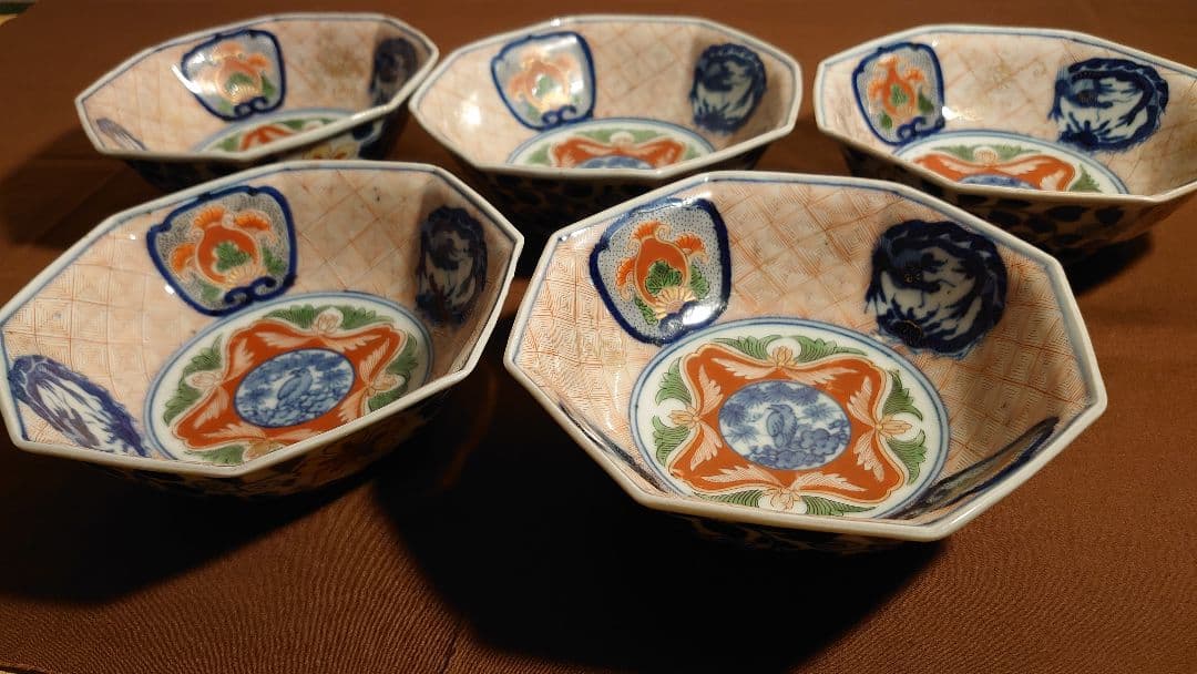 大聖寺伊万里　古伊万里　伊万里　色絵　金襴手　八角鉢　江戸期　蔵出し　５客