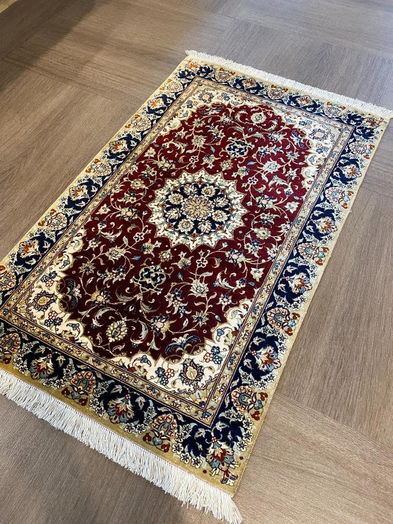 シルク ペルシャ絨毯 クム産 高品質 93x57cm 手織り ラグ 玄関マット