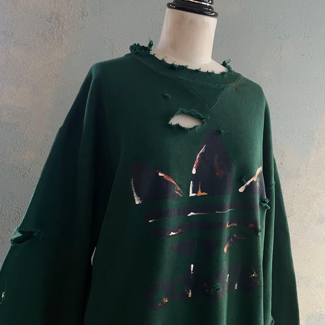 90's adidas”両面プリント”銀タグ“ペンキ“常田“boro sweat