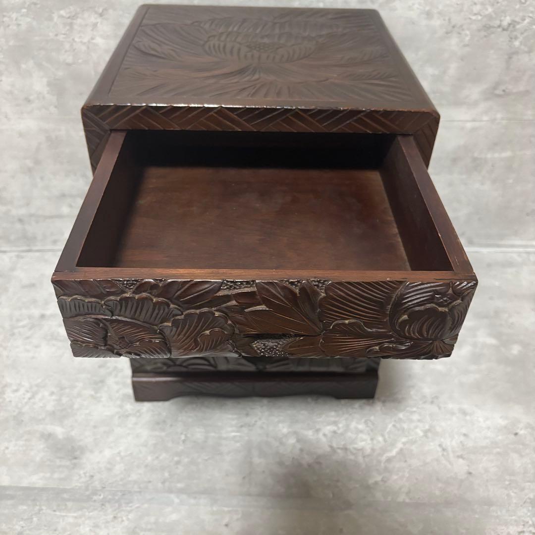 日光彫　軽井沢彫　小箪笥　引き出し　3段　伝統工芸　和家具　牡丹　菊　椿　水仙