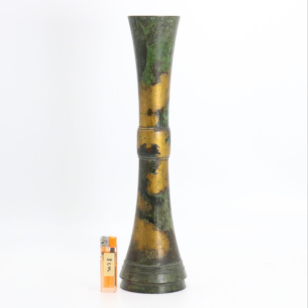 秦蔵六造 立鼓式 塗金銅花器 青銅器 共箱共布 高さ約38.7cm　DX496