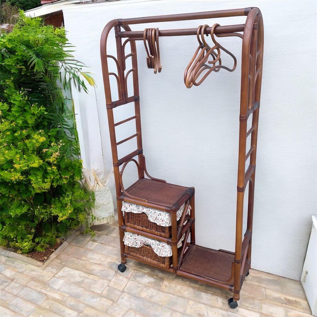 籐 ラタンハンガーラック 籐家具 アンティーク家具 キャスター付 昭和レトロ