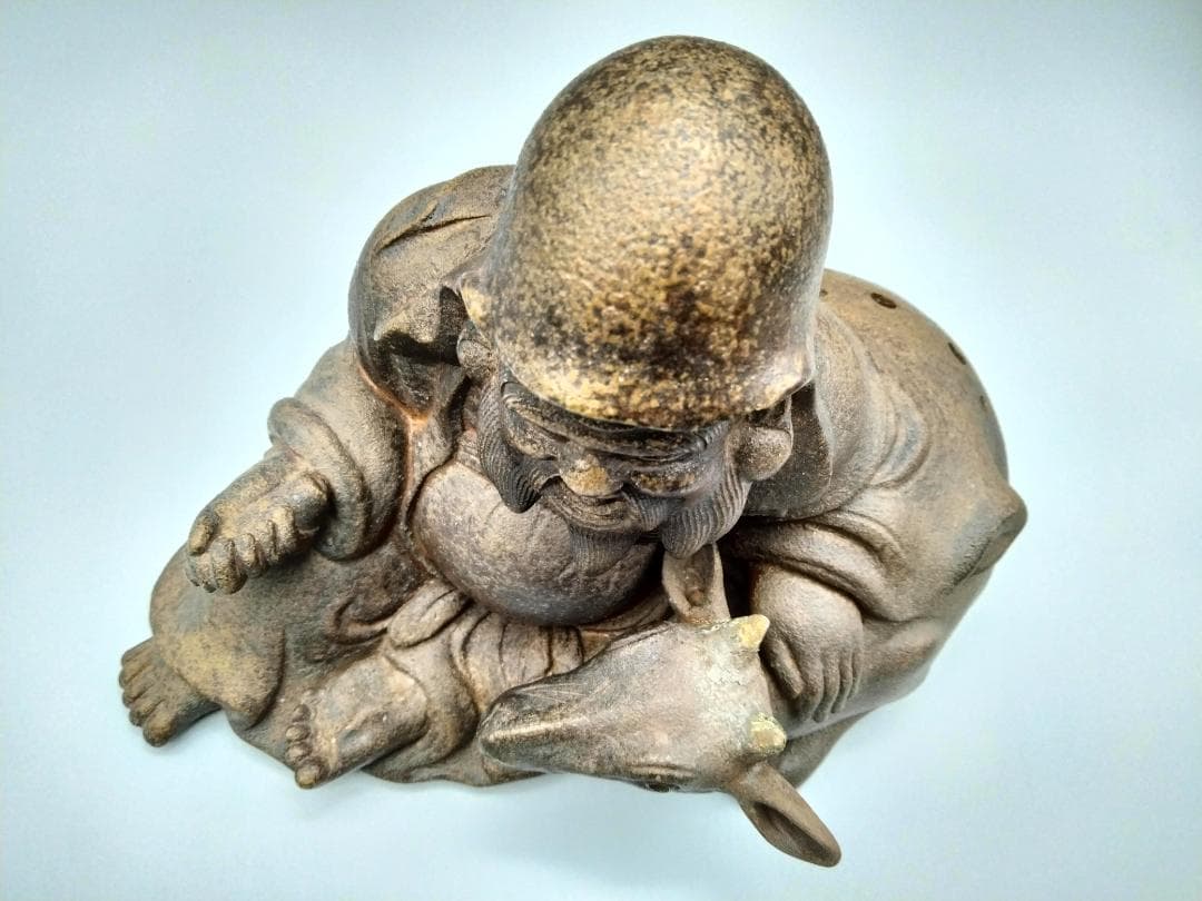 備前焼 古備前 備前国伊部村・木村盛治清近作 牛と寿老人 香炉仕立