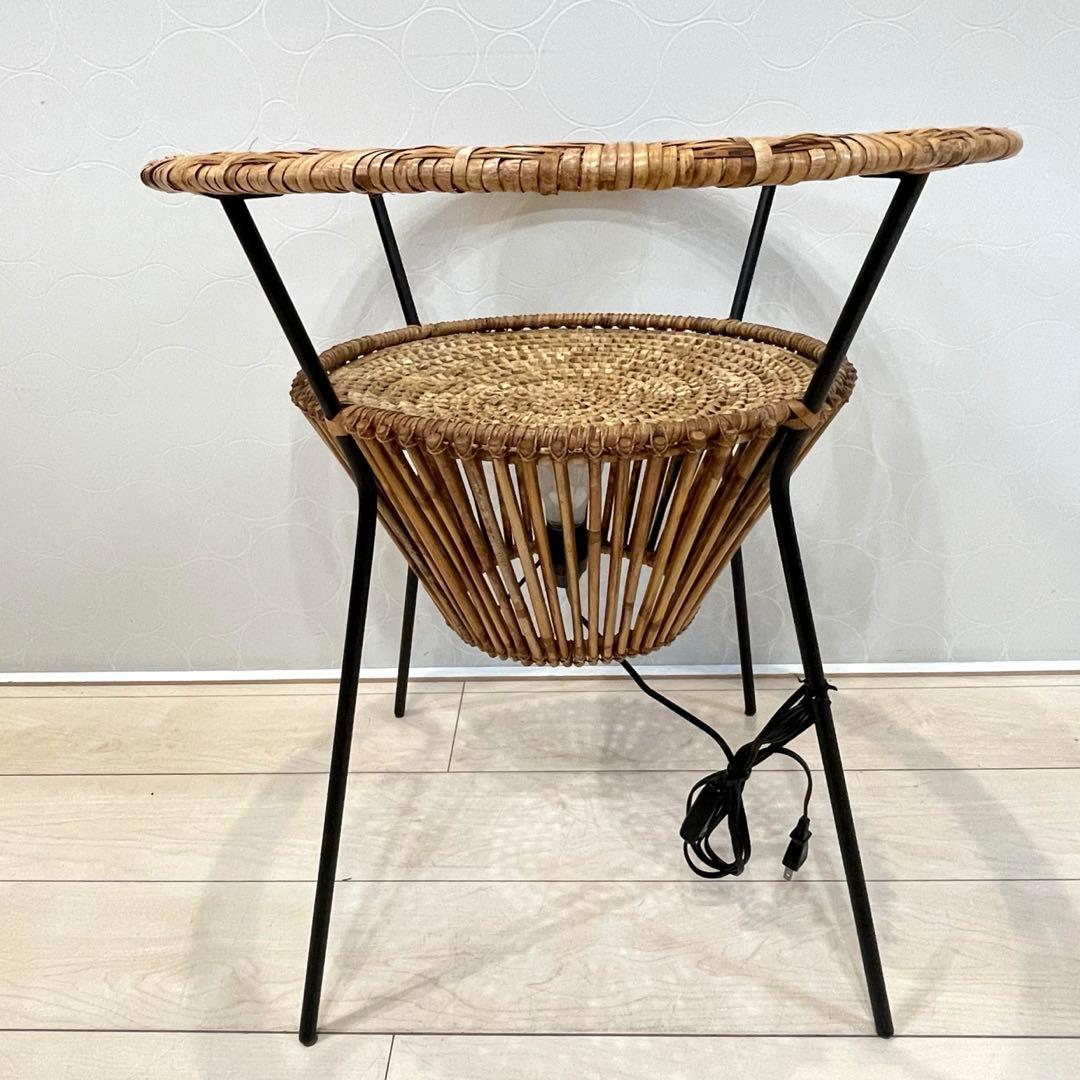 【美品】ラタン ガラス天板 サイドテーブル 照明付き 間接照明 籐家具 アジアン
