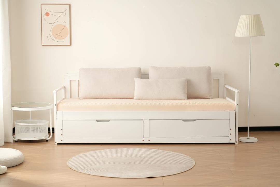 20％OFF！伸長式ソファベッド引き出し付き 収納付き 天然木　WHITE