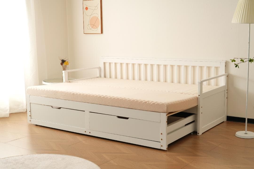 20％OFF！伸長式ソファベッド引き出し付き 収納付き 天然木　WHITE