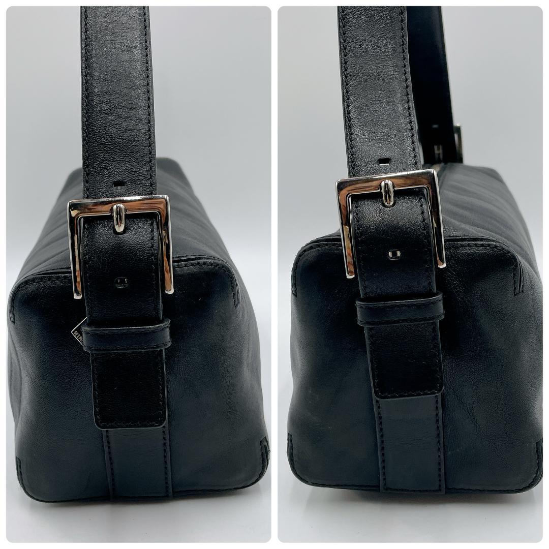 良品 HIROFU オールレザーワンショルダーバッグ 筒型 Hロゴ 黒f483