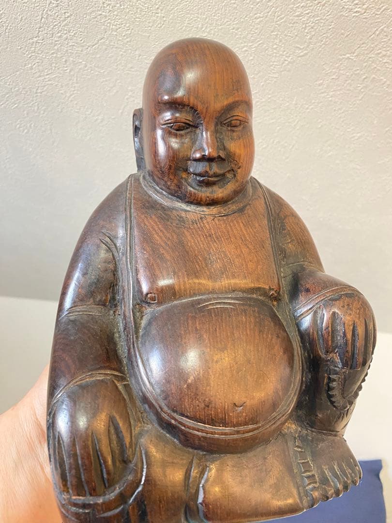 紫檀、黑檀彫刻布袋座佛像、高さ22cm重さ1799g