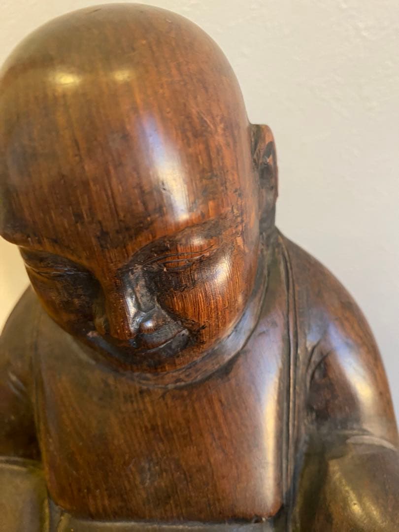 紫檀、黑檀彫刻布袋座佛像、高さ22cm重さ1799g