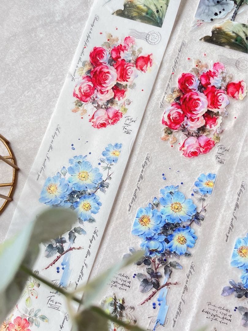 【8788】海外　マステ　5m巻売り　貝殻光カッティング　ハス　バラ　チューリブ